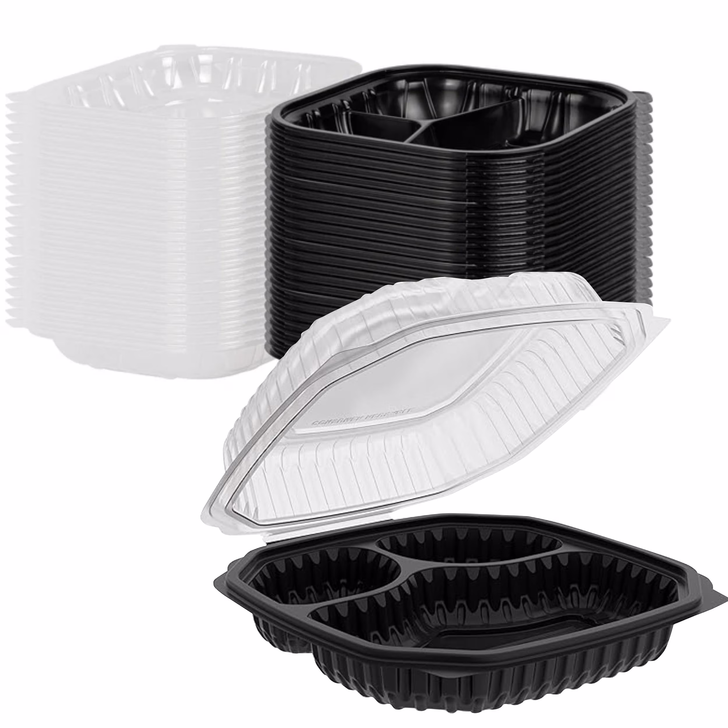 10" x 10" Microwavable Black Base Hinged Clear Lid Container 3 Comp