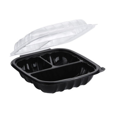 8" x 8" Microwavable Black Base Hinged Clear Lid Container 3 Comp