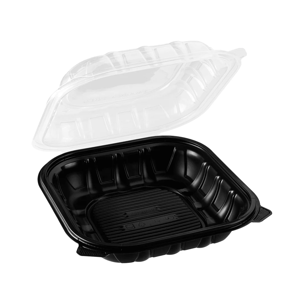 9" x 9" Microwavable Black Base Hinged Clear Lid Container 1 Comp