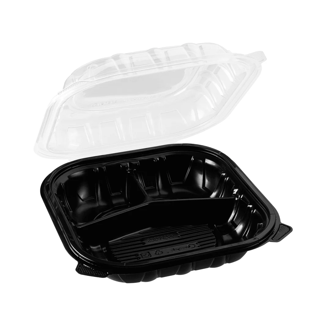 9" x 9" Microwavable Black Base Hinged Clear Lid Container 3 Comp