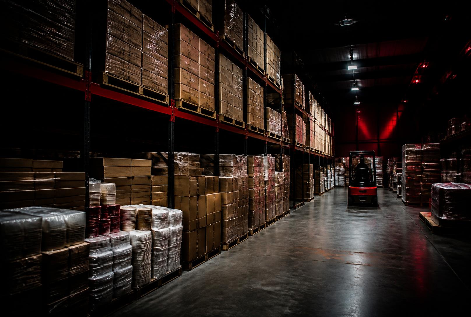 Racked pallets inside the M&D Distributing Phoenix warehouse